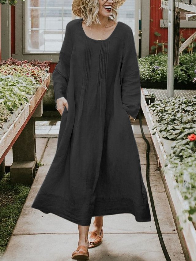Plus Size Casual Solid Long Sleeve Pockets Weaving Dress