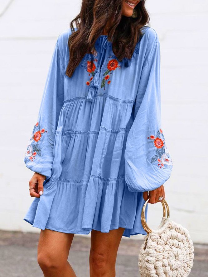 Plus Size Long Sleeve Floral Tassel Charm Elegant Casual Mini Weaving