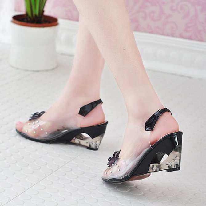 Rhinestone Flower Wedge Heel PVC Summe Sandals | anniecloth