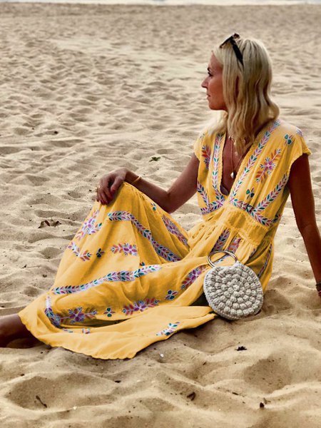 V Neck Women Weaving Dress Swing Beach Cotton Weaving Dress
