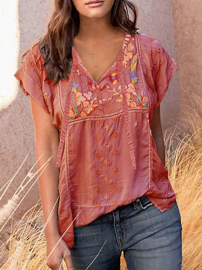 Printed Short Sleeve Cotton-Blend Top