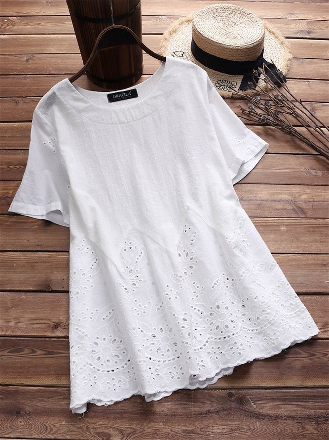 Laced Hollow Embroidered Short Sleeve Vintage Blouses