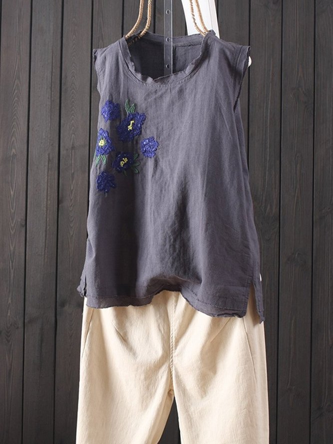 Vintage Embroideried Floral Crew Neck Tank Top