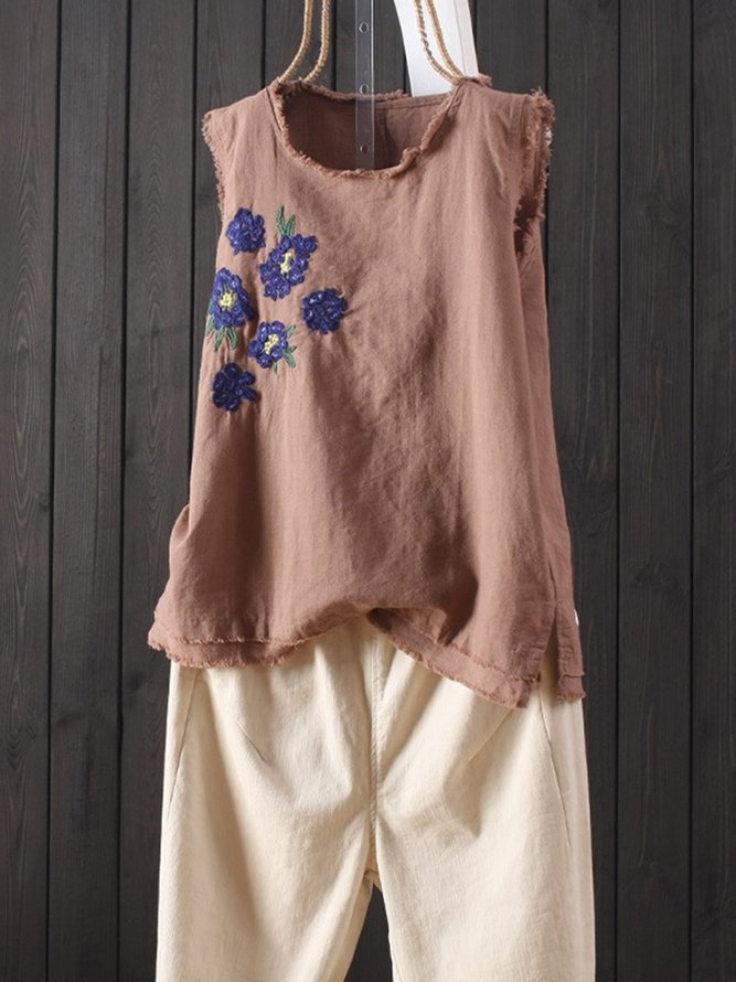 Vintage Embroideried Floral Crew Neck Tank Top
