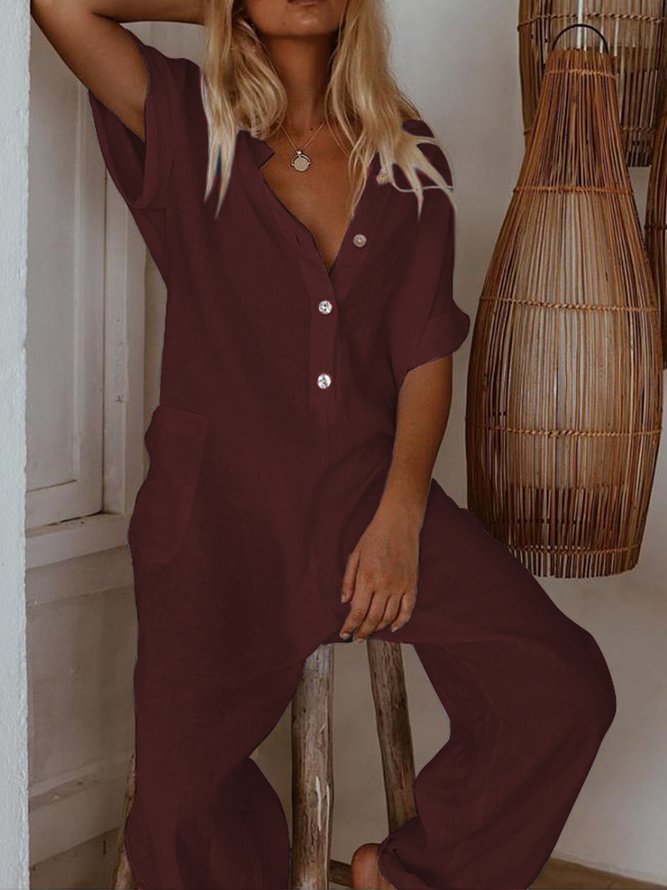 Plus Size Casual Short Sleeve Solid Pockets Jumpsuits