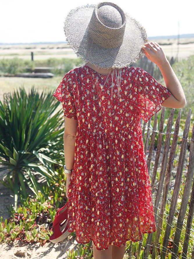 Short Sleeve Floral Casual Cotton-Blend Knitting Dress