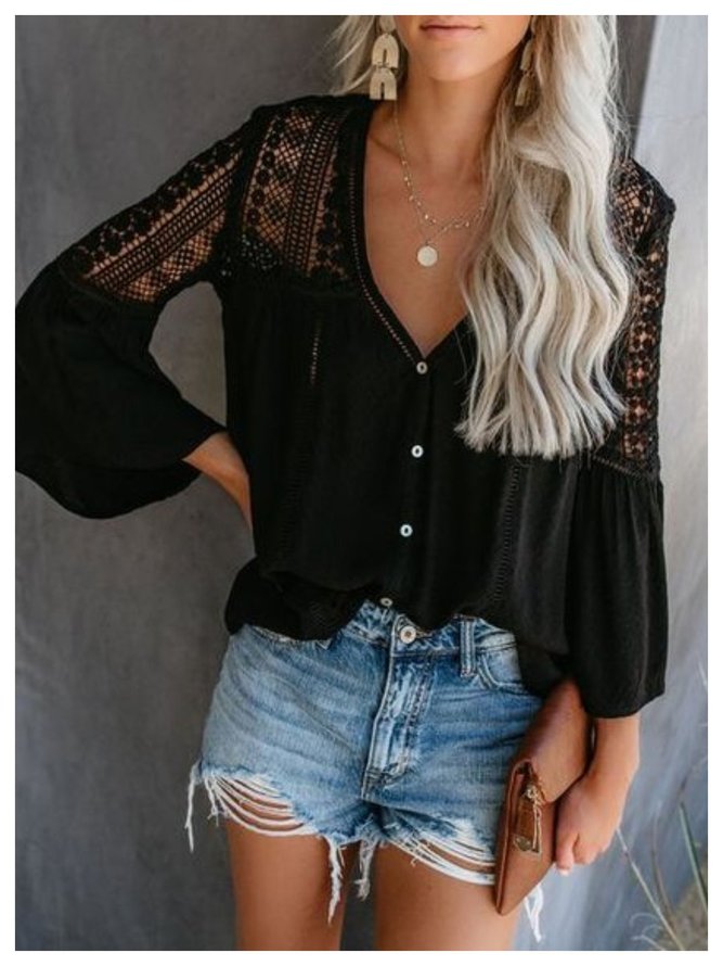 Casual Patchwork V Neck  Tops