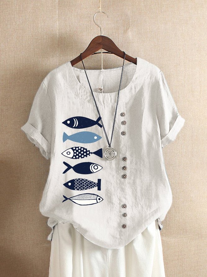 Button Cartoon Fish Print Short Sleeve Casual T-shirt