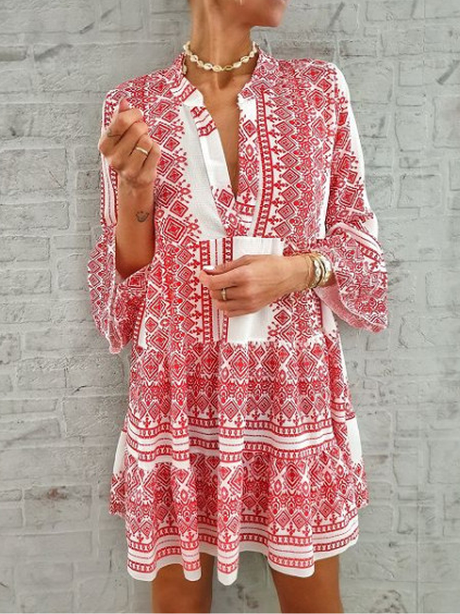 Cottonblend Printed Long Sleeve Casual Daily Weaving Dress anniecloth