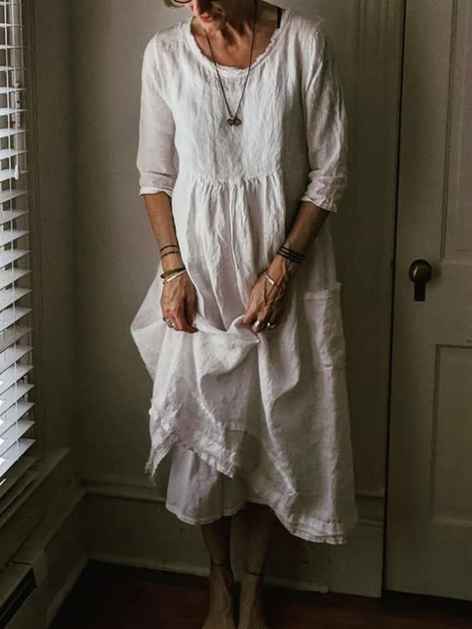 Loose Crew Neck Casual Midi Dresses-image-6989623