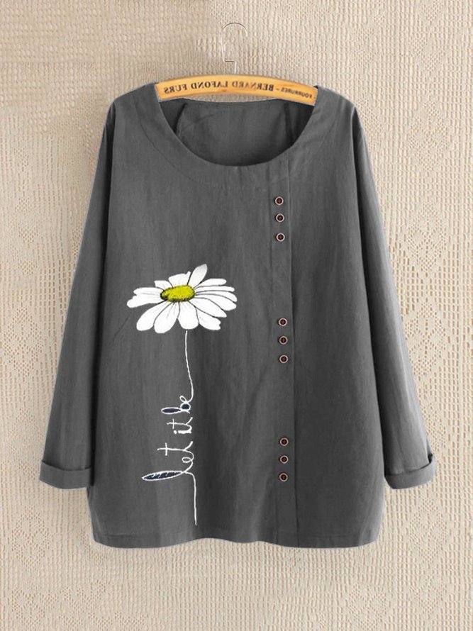 Crew Neck Long Sleeve Cotton Casual Blouse & Shirts