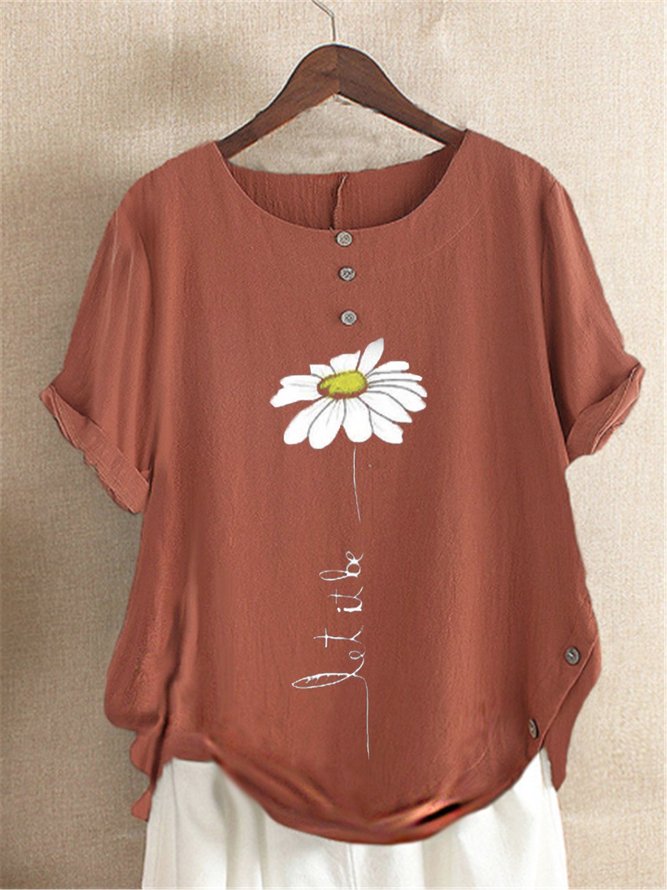 Casual Floral-Print Cotton&Linen Short Sleeve T-shirt