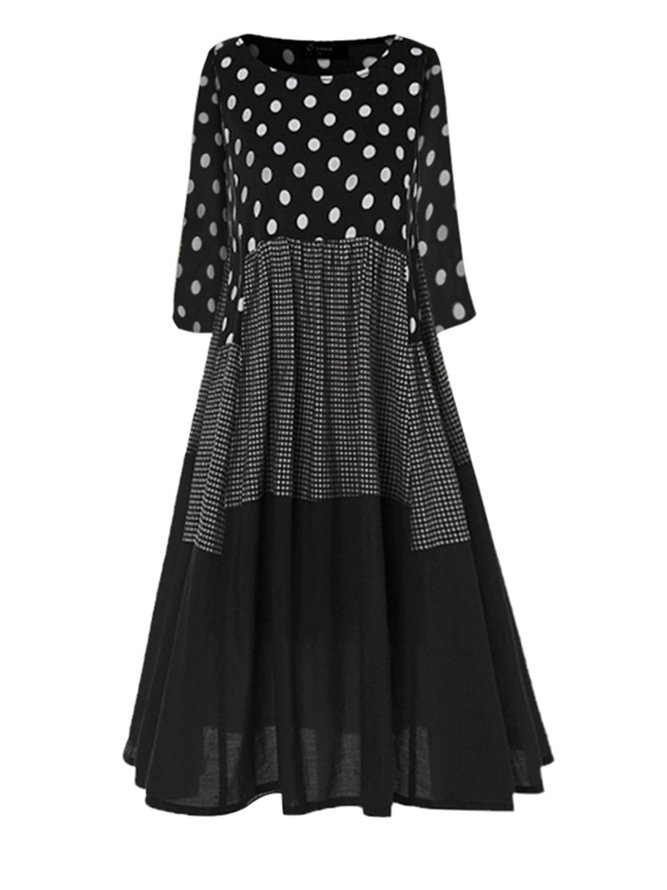 Casual Long Sleeve Shift Polka Dots Weaving Dress
