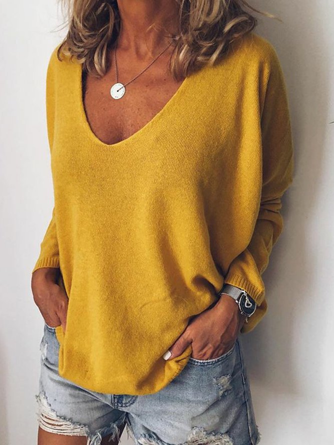 Plus Size Solid Sweater V Neck Knitted Tops