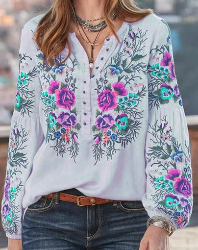 Casual Floral V Neck Long Sleeve Shirt & Top