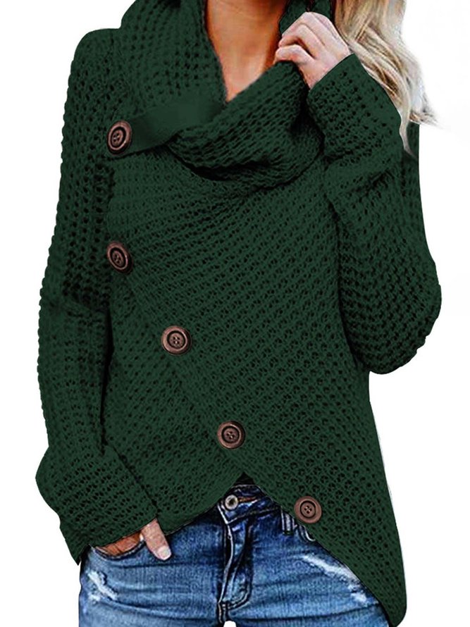Asymmetric Button Turtleneck Knitted Sweater Tops