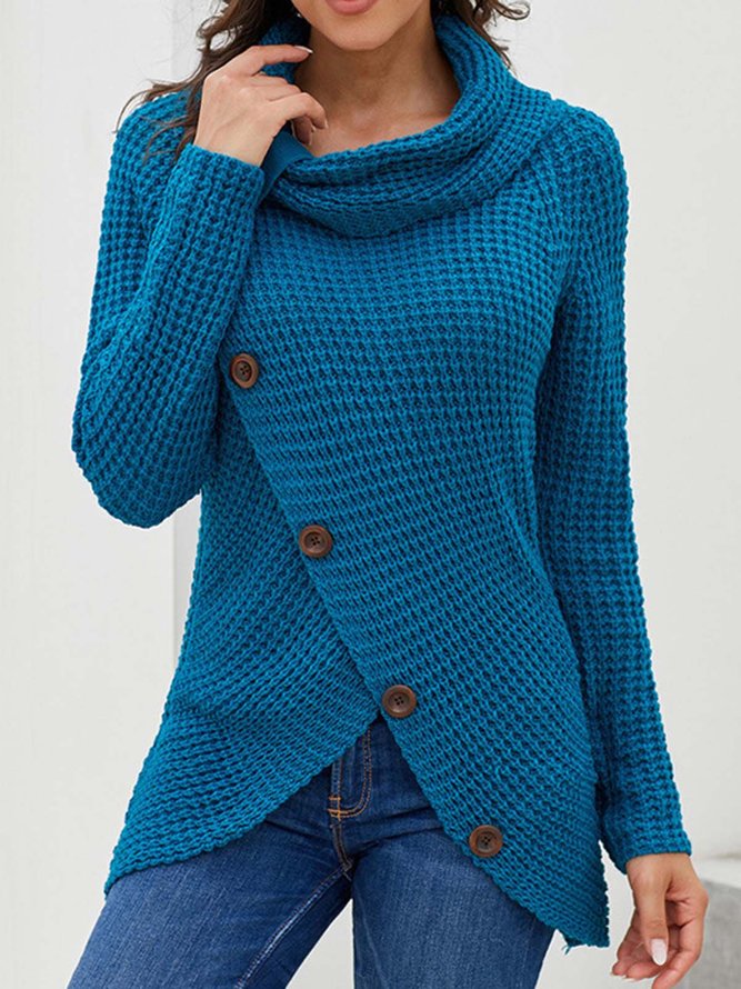 Asymmetric Button Turtleneck Knitted Sweater Top