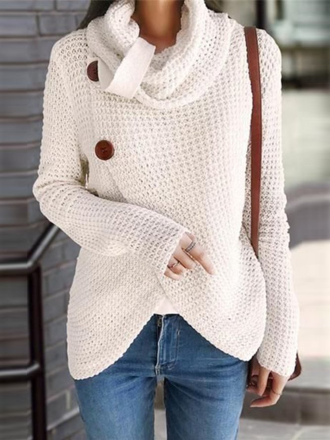White Long Sleeve Turtleneck Buttoned Outerwear
