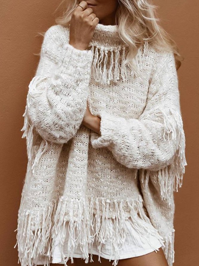White Turtleneck Long Sleeve Knitted Shirts & Tops