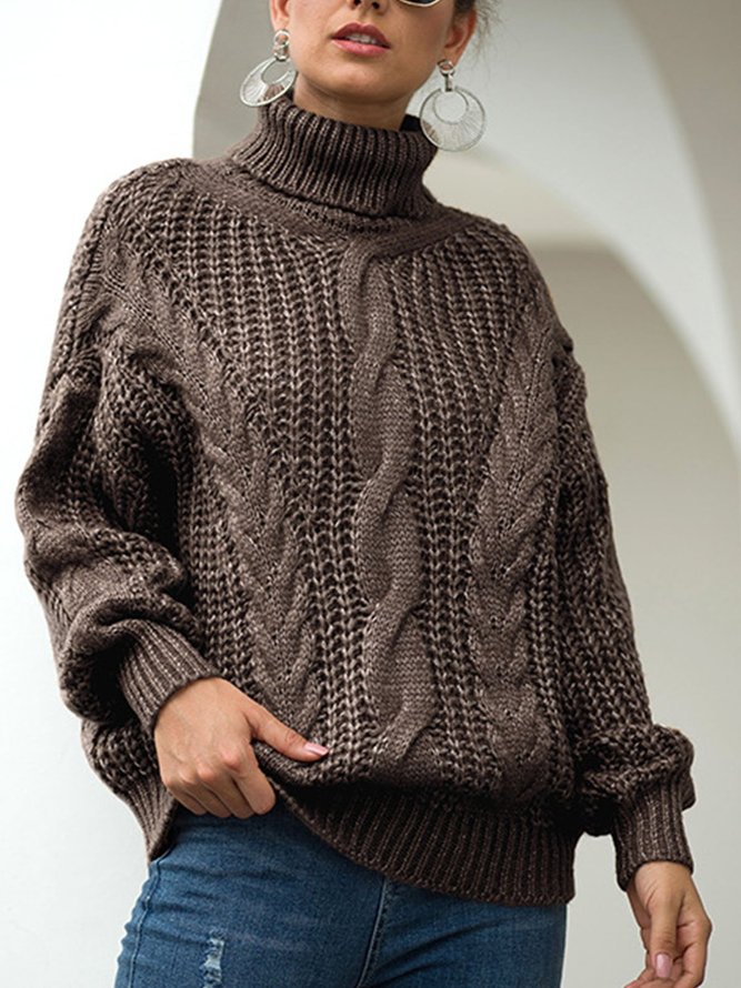 Casual Plain Turtleneck Knitted Long Sleeve Sweater
