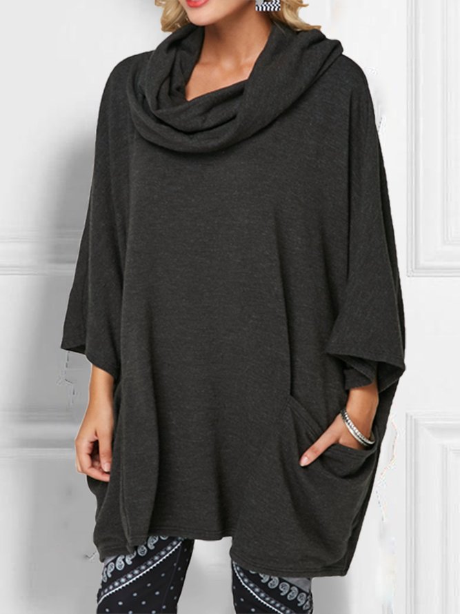 Casual Solid Cowl Neck Cotton-Blend Tops