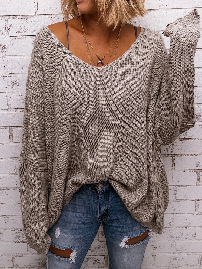 Solid Long Sleeve Knitted V Neck Sweater
