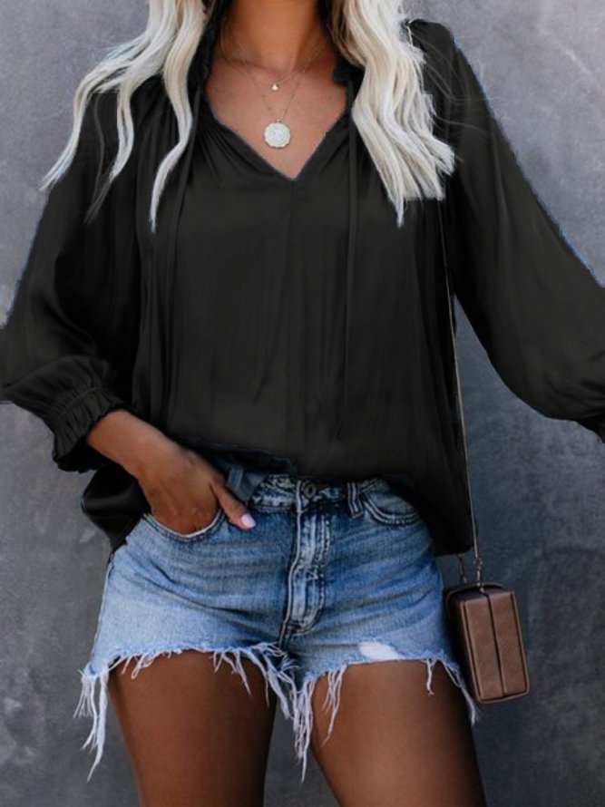 Casual V Neck Long Sleeve Solid Shirts