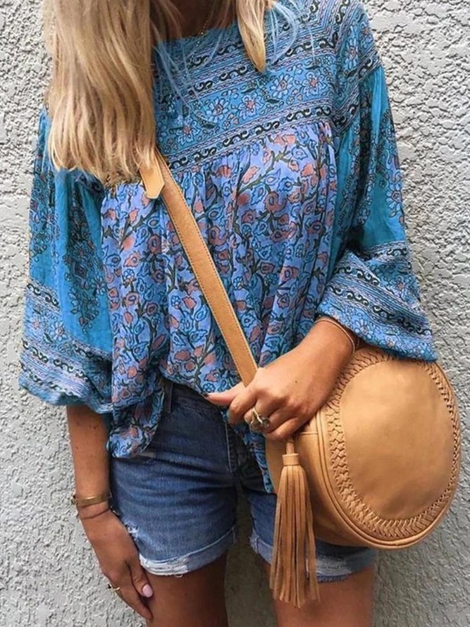 Plus Size Long Sleeve Boho Floral-Print Casual Tops
