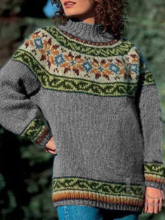 Long Sleeve Color-Block Crew Neck Vintage Sweater