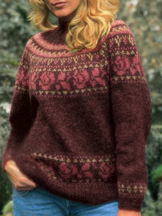 Color-Block Long Sleeve Geometric Sweater