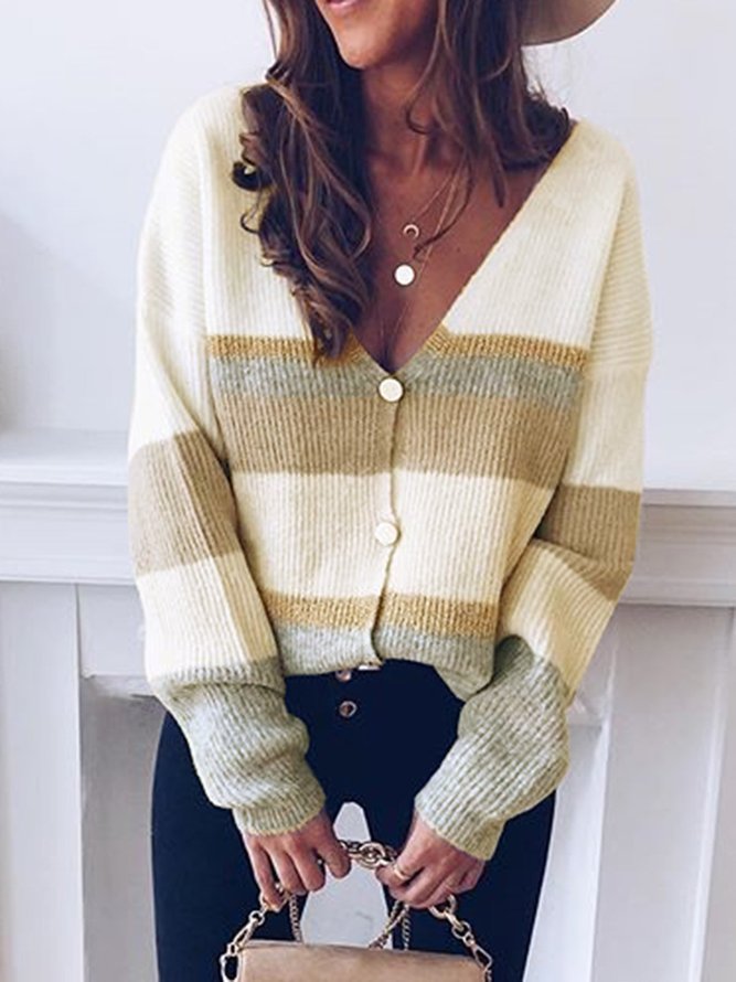Long Sleeve V Neck Color-Block Sweater
