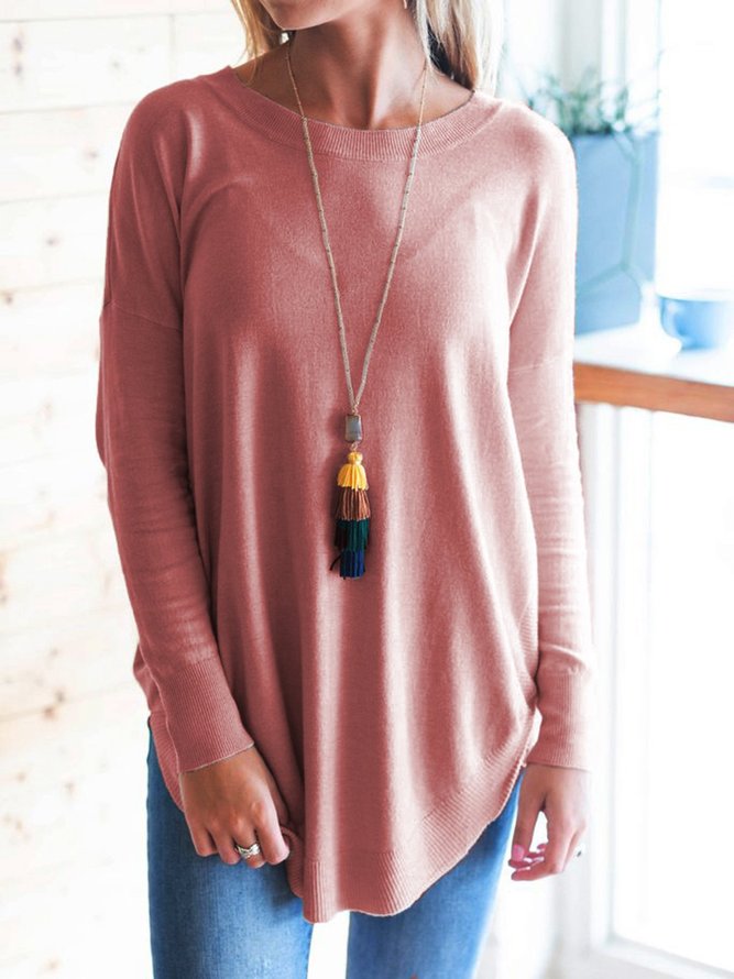 Apricot Casual Crew Neck Long Sleeve Solid Shirt & Top