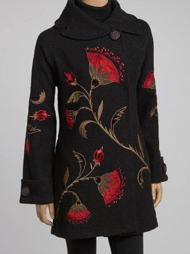 Black Long Sleeve Cotton-Blend Shirt Collar Knit coat