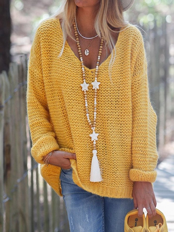 Yellow Long Sleeve Solid V Neck Knitted Sweater