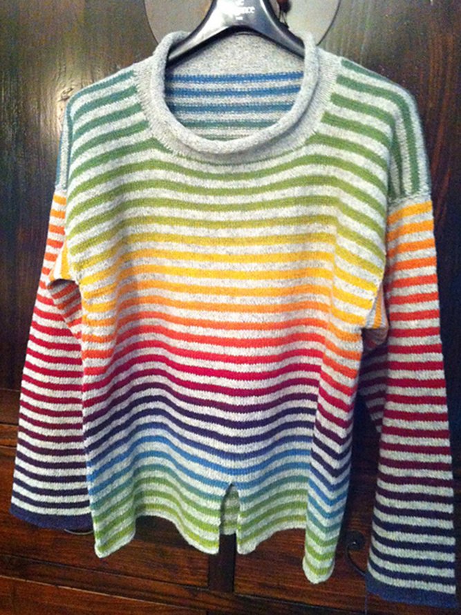 Crew Neck Knitted Casual Striped Shirts & Tops
