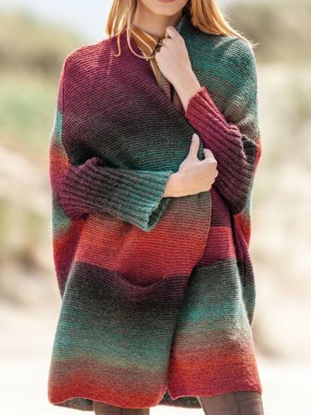 Color-Block Long Sleeve Knitted Casual Sweater coat
