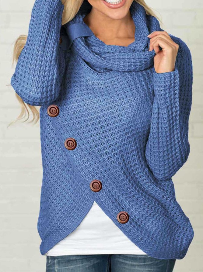 Casual Turtleneck Asymmetrical Buttoned Plain Long Sleeve Sweater