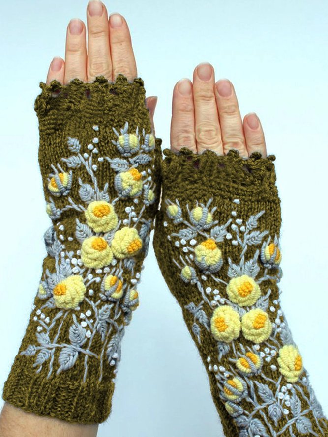 Deep Gray Casual Cotton-Blend Floral Gloves