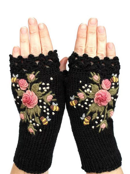 Black Cotton-Blend Casual Gloves & Mittens