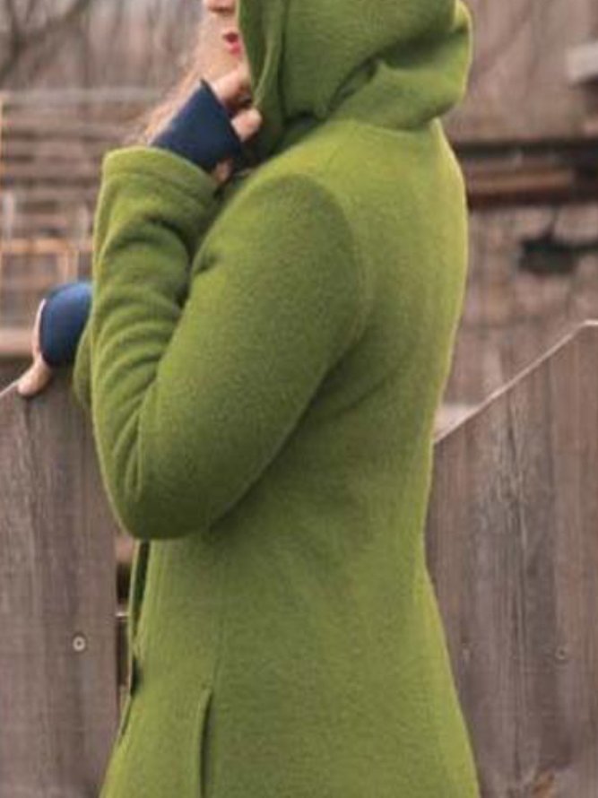 Green Hoodie Solid Buttoned Casual Jacket