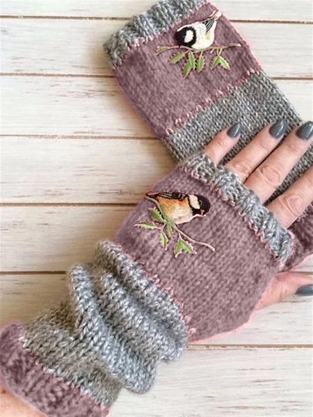Autumn Winter Casual Basic Flora Knitted Bird Pattern Sweet Gloves