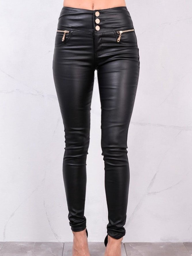 Black Casual Faux Leather Pants | anniecloth