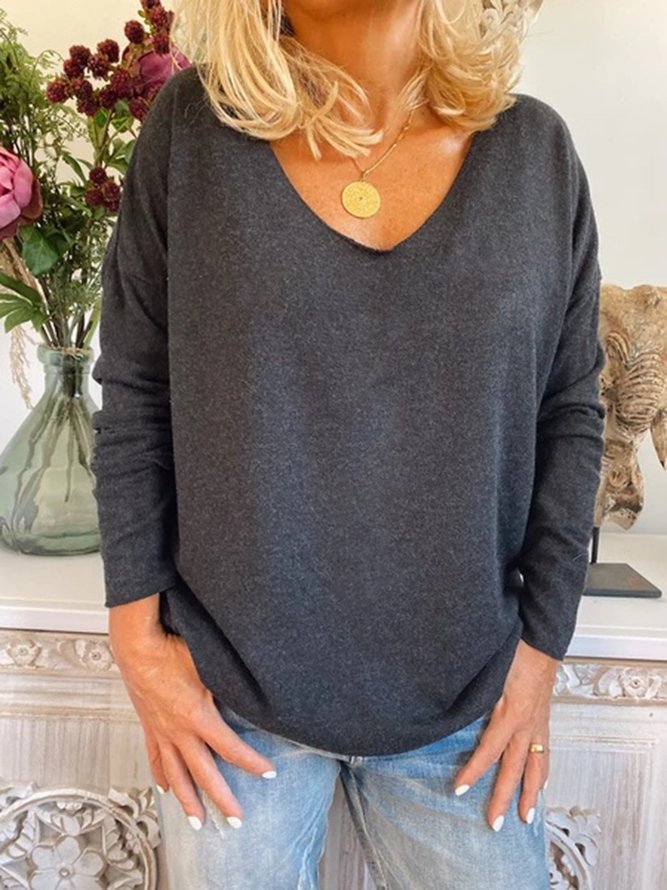 Navy V Neck Solid Casual Tops