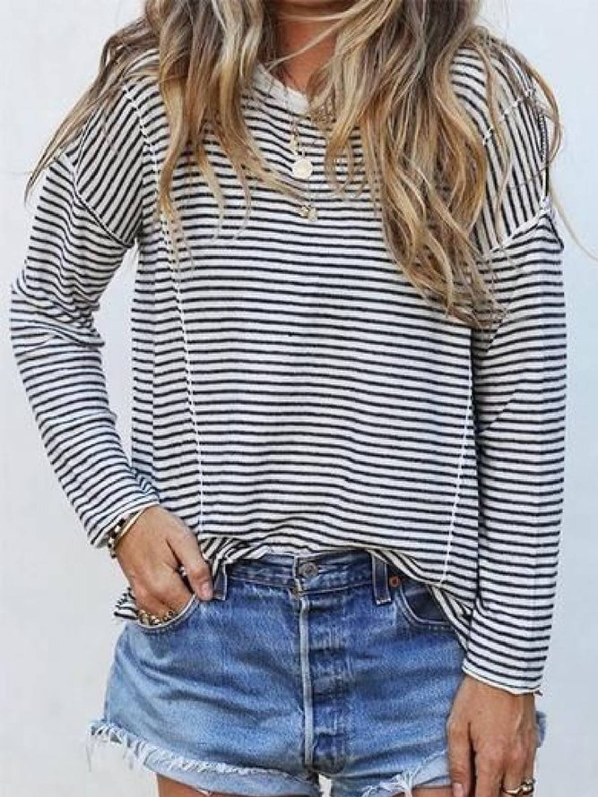 White Cotton-Blend Long Sleeve Round Neck Tops