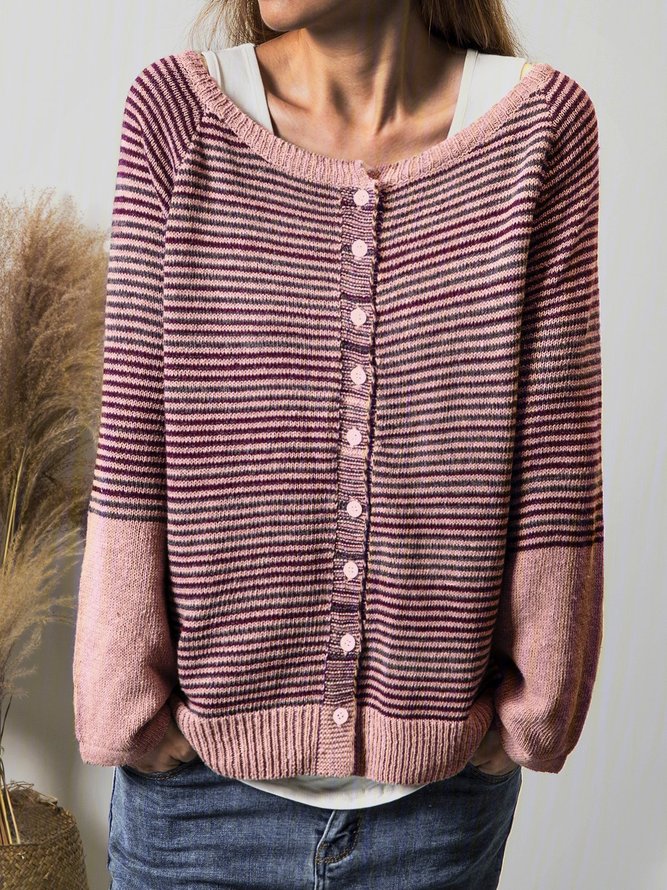Women Buttoned Striped Casual Knitted Tops
