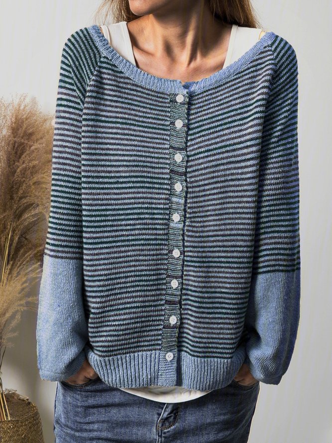 Women Buttoned Striped Casual Knitted Tops