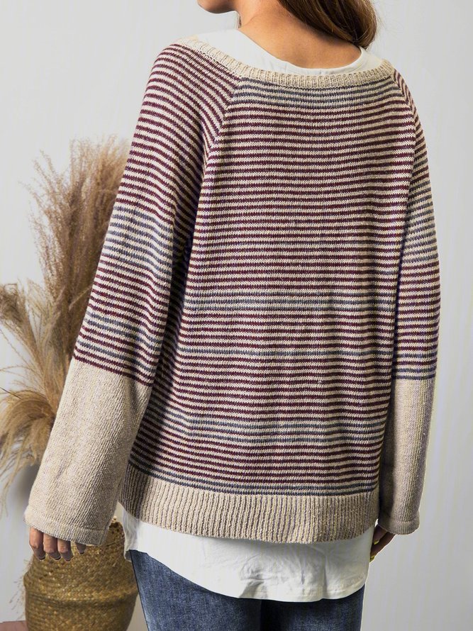 Women Buttoned Striped Casual Knitted Top