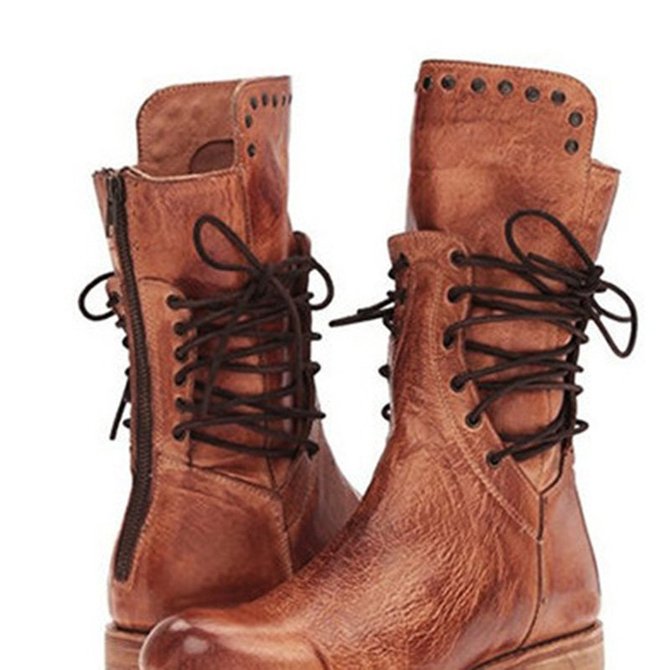 Low Heel Holiday Lace-Up Pu Boots