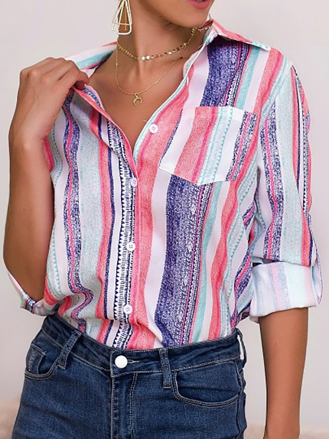 Multicolor Striped Printed Button Down Blouses | anniecloth