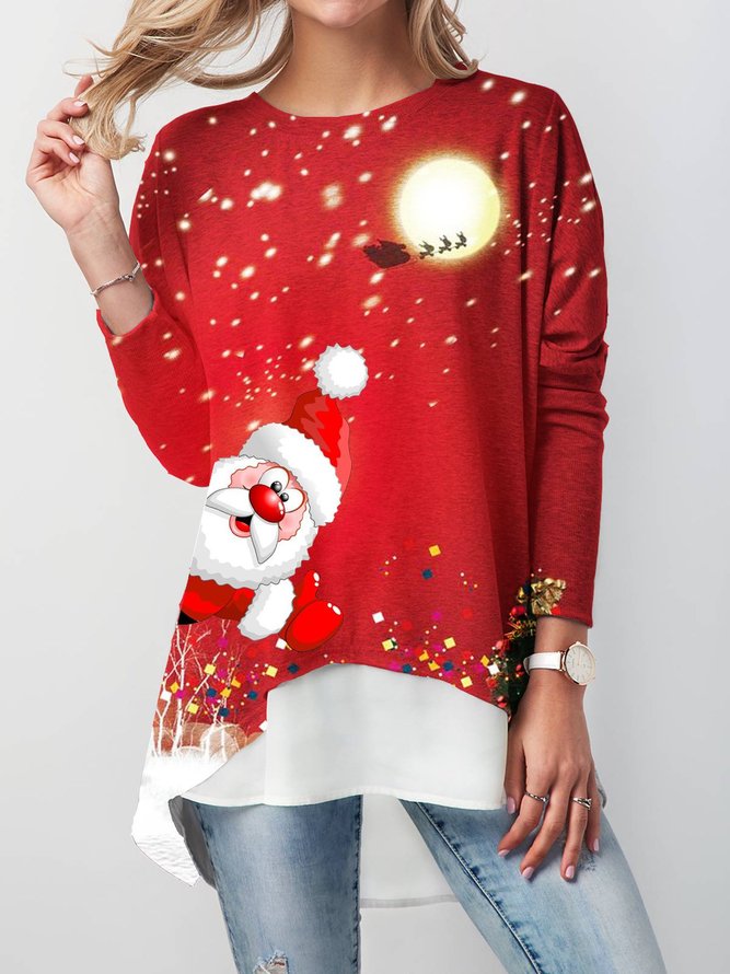 Christmas Long Sleeve Crew Neck Cotton-Blend Shirts Blouses